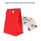 Red gift bag with stickers scattered nearby. Bag size details above.