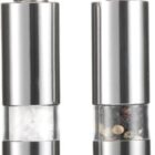 Two stainless steel pepper and salt grinders with visible contents.