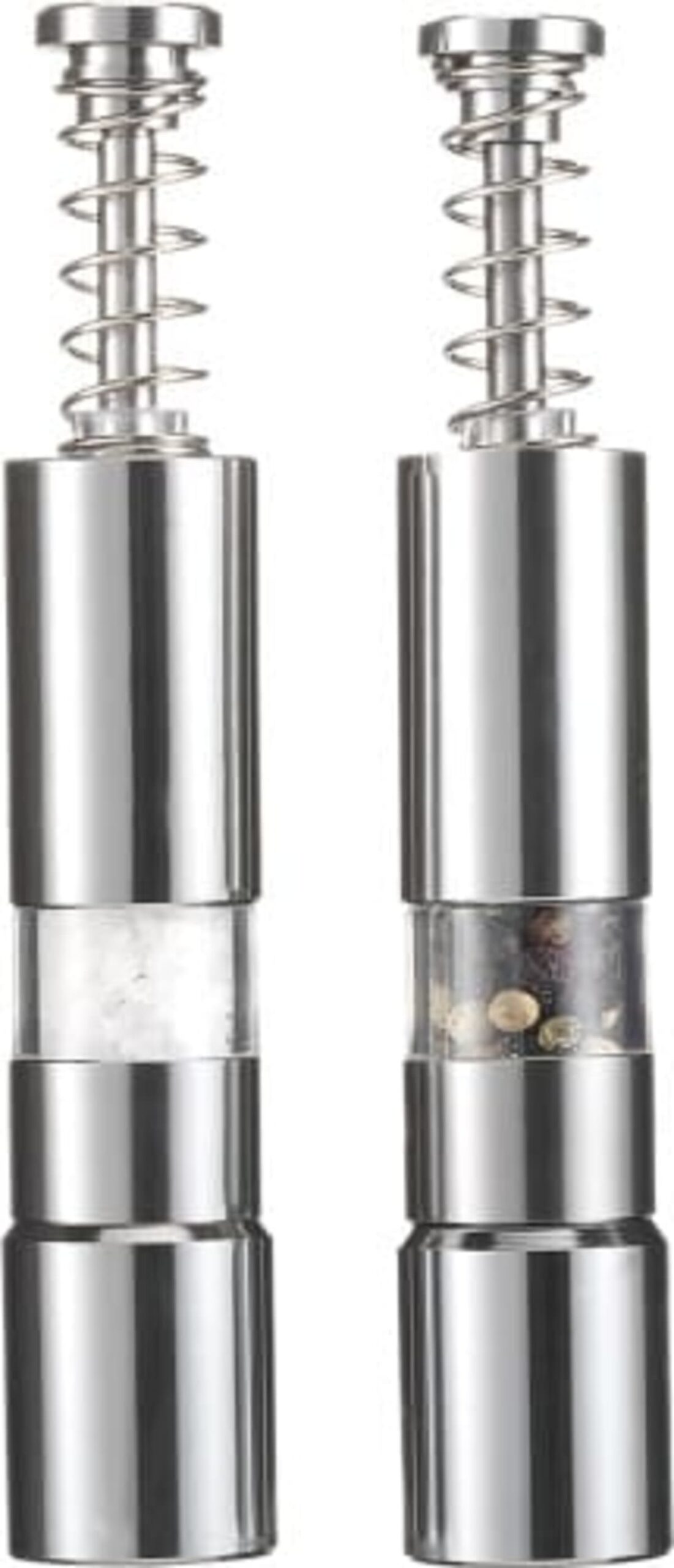 Two stainless steel pepper and salt grinders with visible contents.