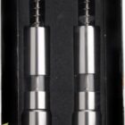 Box containing two stainless steel pepper/salt mills with a single-handed press mechanism.