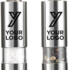 Stainless steel salt and pepper grinders with customizable logo.