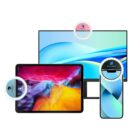 Tablet, smartphone, and monitor with colorful screens and circular logos on each.