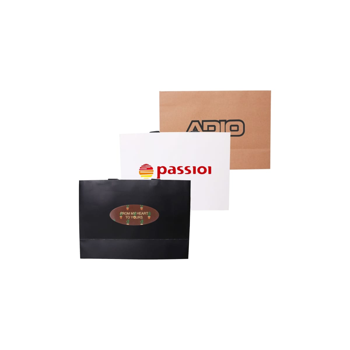 Three paper bags: black, white, and brown, each with different logos and text.