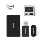 RFID set: card, USB, and oval device in black with blue logo in packaging.