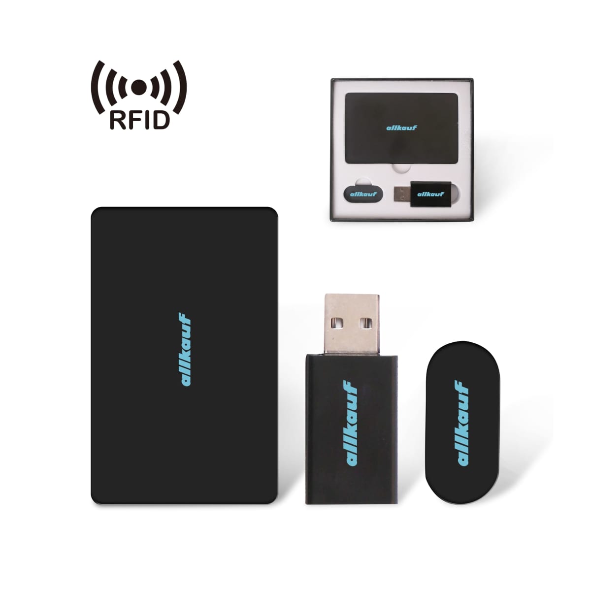 RFID set: card, USB, and oval device in black with blue logo in packaging.