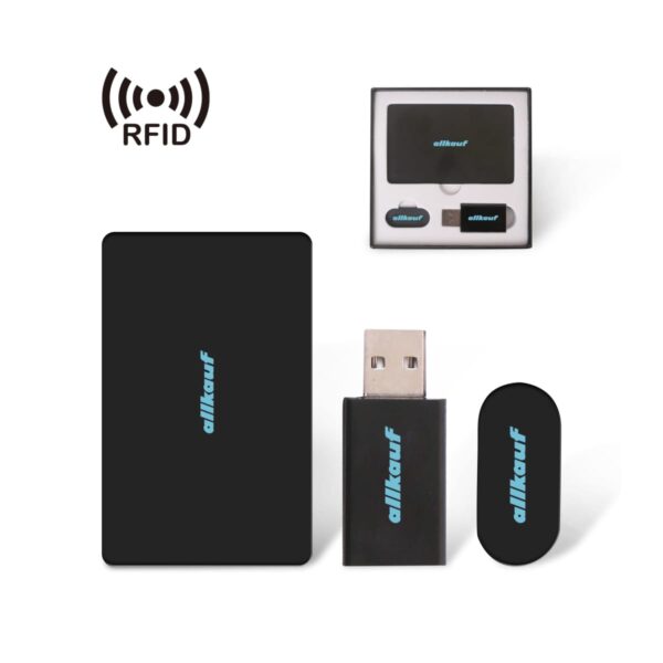 Black and blue RFID USB set with card in box packaging.
