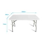 Rectangular white folding table, dimensions labeled: 120cm x 60cm x 74cm.