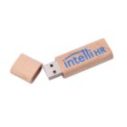 Wooden USB stick with intelliHR logo, lid removed.