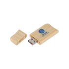 Bamboo USB flash drive with cap removed, featuring a printed logo.