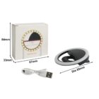Selfie ring light with USB cable; dimensions printed on box; 85mm diameter.