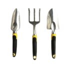 Three gardening tools with black and yellow handles on a white background.