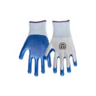 Pair of rubberized work gloves with blue coating and logo on the back.