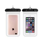 Two smartphones in clear waterproof pouches with black tops.