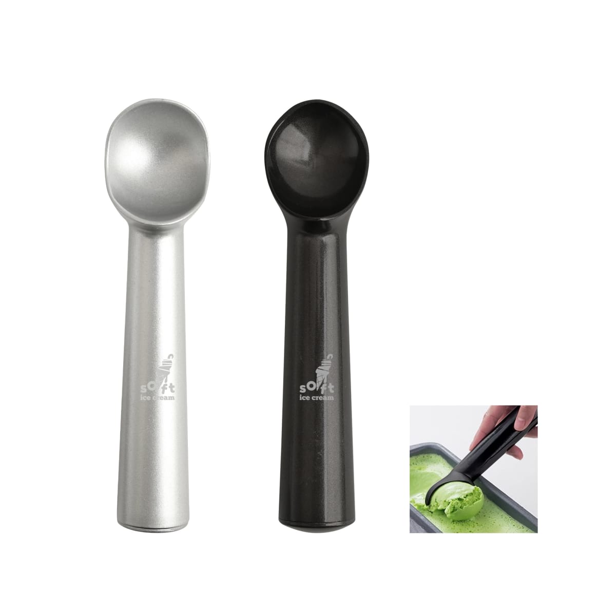 Silver and black ice cream scoops with a small image showing one scooping green ice cream.