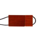 Rectangular wood-grain USB drive with a black cord attached.