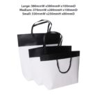 Three black and white shopping bags in different sizes with measurements above.