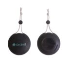 Two black portable speakers with attached cords, showing front and back.