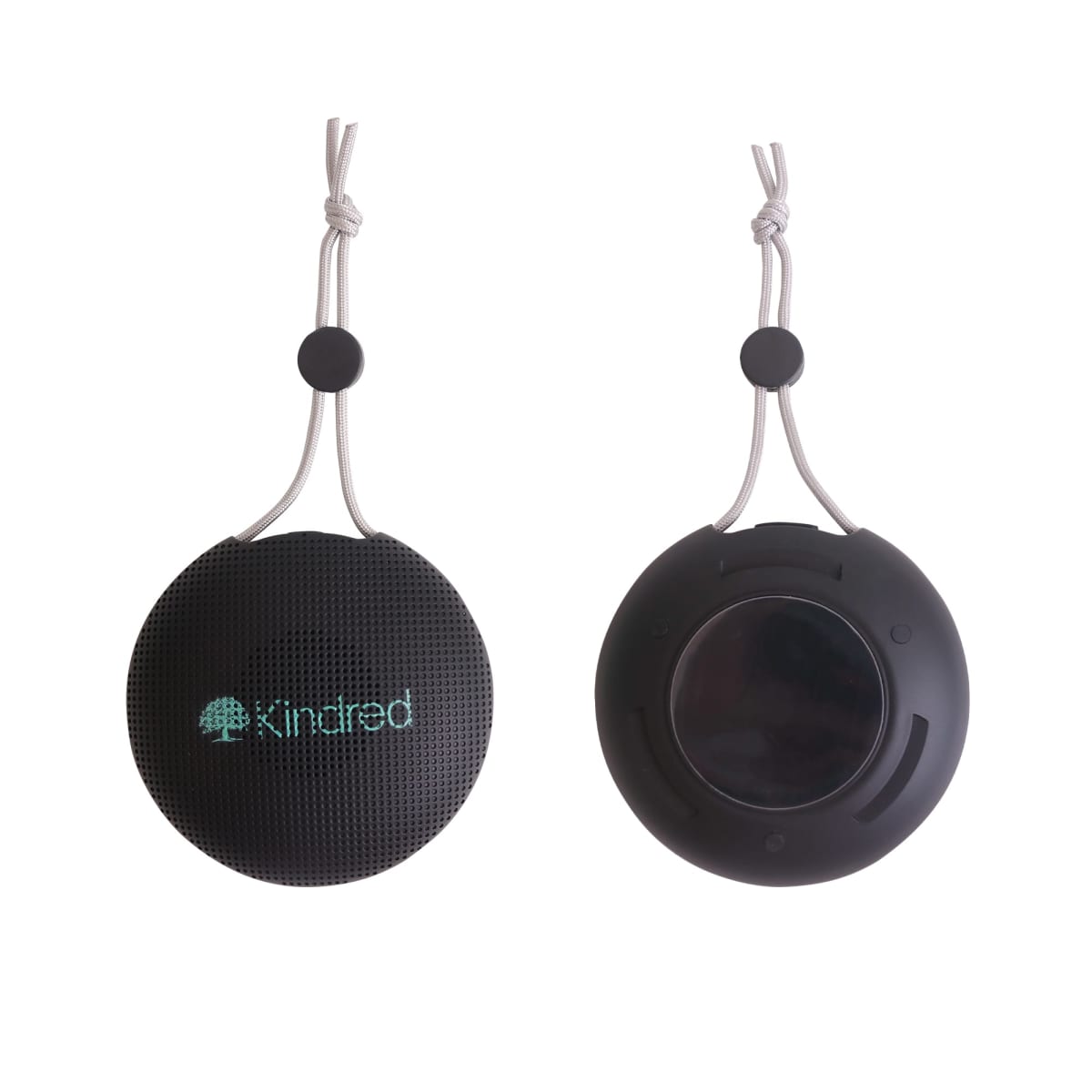 Two black portable speakers with attached cords, showing front and back.