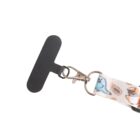 A black T-shaped badge reel clip attached to a colorful fabric lanyard with cartoon animal designs, including a blue shark and an orange otter. The clip has a metal clasp and a keyring. The lanyard background is white with brown dots.