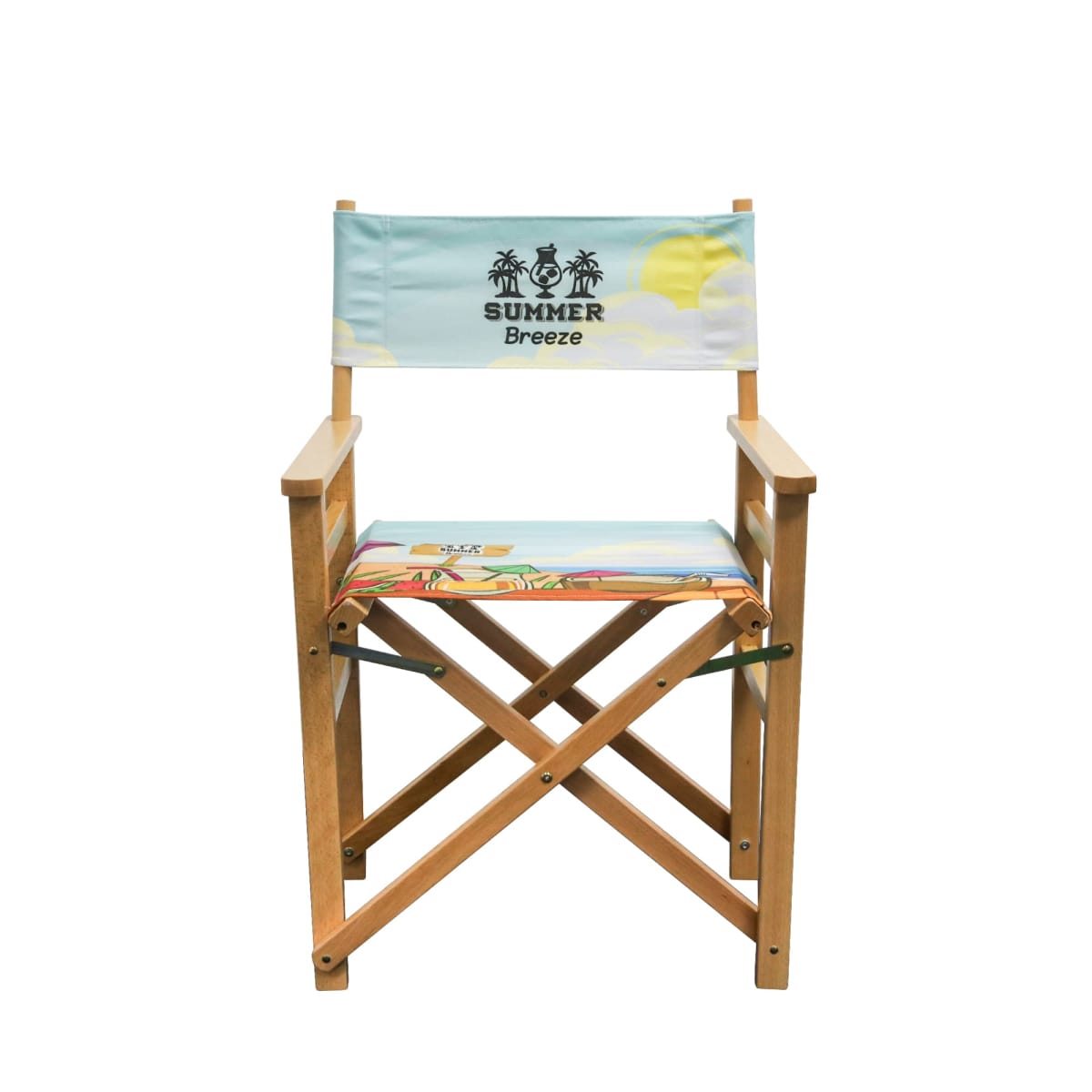 A wooden directors chair with a light blue fabric backrest featuring the words Summer Breeze and illustrations of palm trees and a sun. The seat has a colorful pattern with tropical designs.