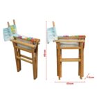 Two wooden high chairs in side-by-side views, one front and one profile. Each chair features colorful fabric arms. Measurements indicated are 88cm in height, 49cm in length, and 15cm in width.