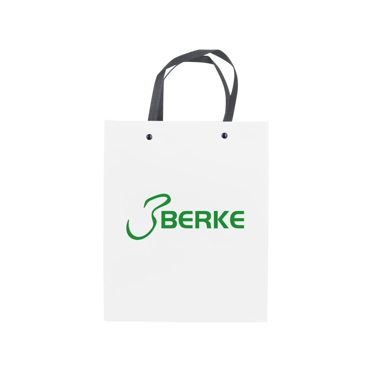 White paper bag with black handles and green BERKE logo on the front.