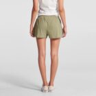 Person in green shorts and white shirt standing with back facing the camera.