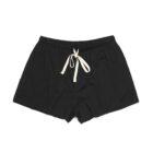 Black shorts with an elastic waistband and white drawstring, laid flat.