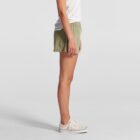 Person in a white t-shirt and green shorts, standing sideways against a plain background.