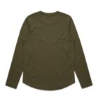 Olive green long-sleeved shirt displayed on a white background.