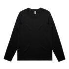 Black long-sleeve crew neck t-shirt laid flat on a white background.