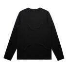 Black long-sleeve shirt laid flat, shown from the back on a white background.