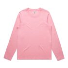 Long-sleeved, plain light pink T-shirt laid flat on a white background.