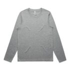 Gray long-sleeve crew neck t-shirt laid flat on a white background.