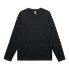 Black long-sleeve crew neck t-shirt laid flat on a white background.