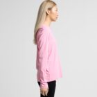Person with long blonde hair wearing a pink long-sleeve shirt, shown in profile view.