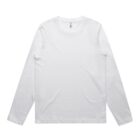 Plain white long-sleeve crew neck t-shirt laid flat on a white background.