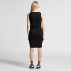 Woman in a sleeveless black dress, brown socks, and black sneakers, facing away.