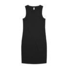 Sleeveless black bodycon dress laid flat on a white background.