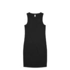Sleeveless, knee-length black tank dress laid flat on a white background.
