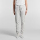Person wearing light gray sweatpants, white t-shirt, and white sneakers, standing upright.