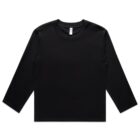 Plain black long-sleeve crew neck t-shirt laid flat on a white background.