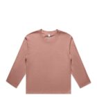 Plain long-sleeve, light brown t-shirt laid flat on a white background.