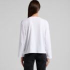 Person with long hair wearing a white long-sleeve shirt and black pants, viewed from behind.