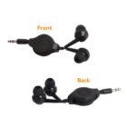 Black retractable earbuds labeled Front and Back with a 3.5mm audio plug.