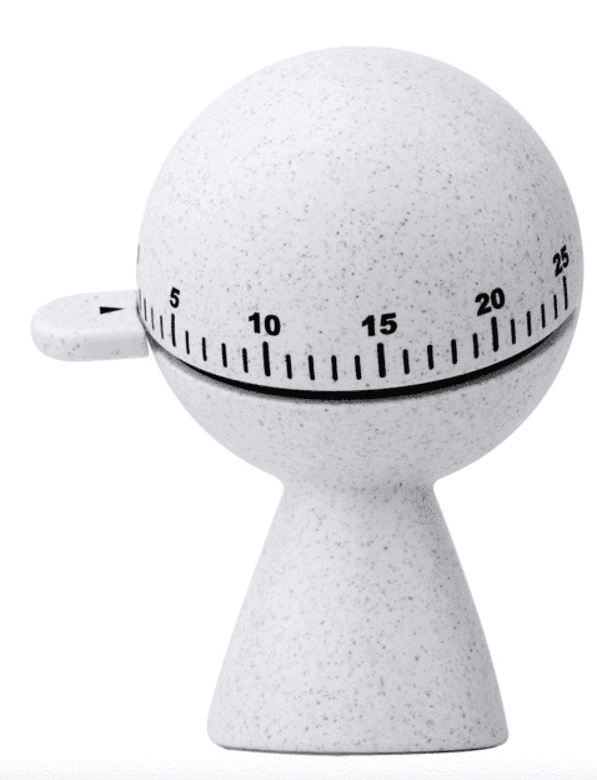 White, speckled, hourglass-shaped kitchen timer with a 0-25 minute dial and knob.