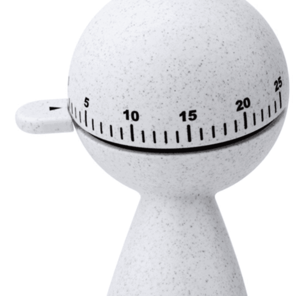 White egg-shaped kitchen timer with a speckled design and marked black numerals.