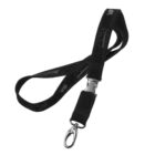 A black lanyard with Amway printed on it in multiple places. It features a metal clasp and a detachable clip for holding ID cards or keys.