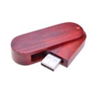 Wooden USB flash drive with swivel cover partially open.