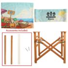 Components of a Summer Breeze wooden chair, including foldable frame, two fabric sections with beach-themed illustrations, two wooden poles, two dowels, and screws, with text indicating accessories included.